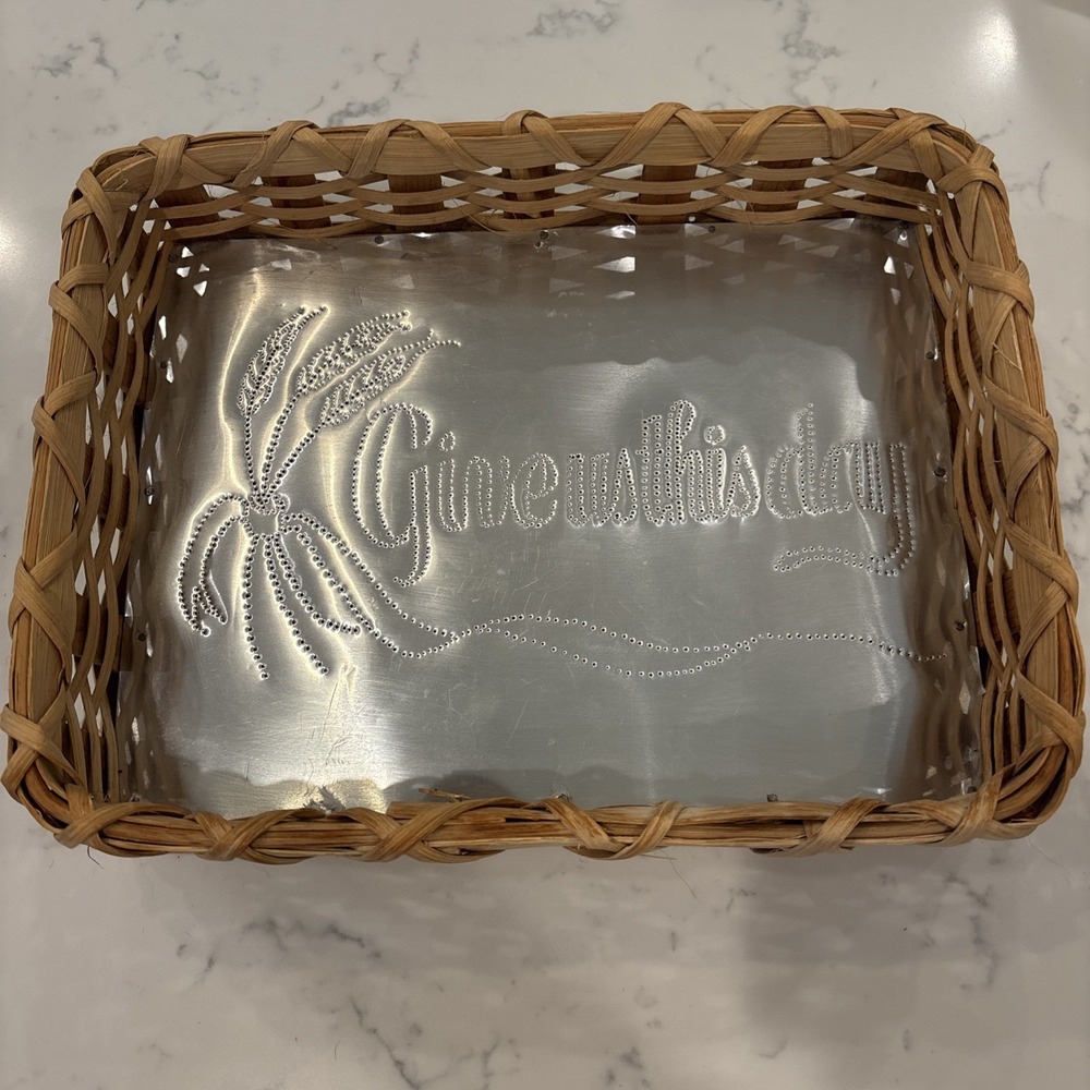 VTG Wicker Basket Punched Tin "Give Us This Day" Wheat 12x9 Religious Christian